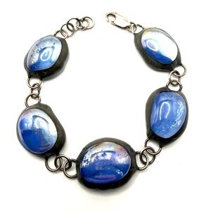 Modern Blue Cabochon Link Bracelet – Artisan Style – 8”